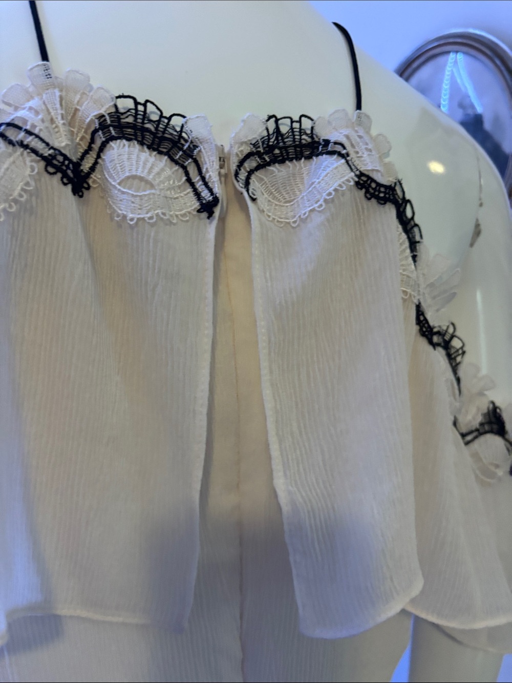 Off-Shoulder White Ruffle Camisole with Black Trim - Picture 6 of 9